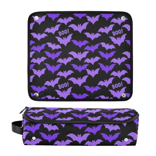 Bolsa de viaje para herramientas de cabello con almohadilla resistente al calor impermeable para planchas, alisadores y rizadores, organizador portátil negro con diseño Halloween murciélago morado espeluznante miniatura 3