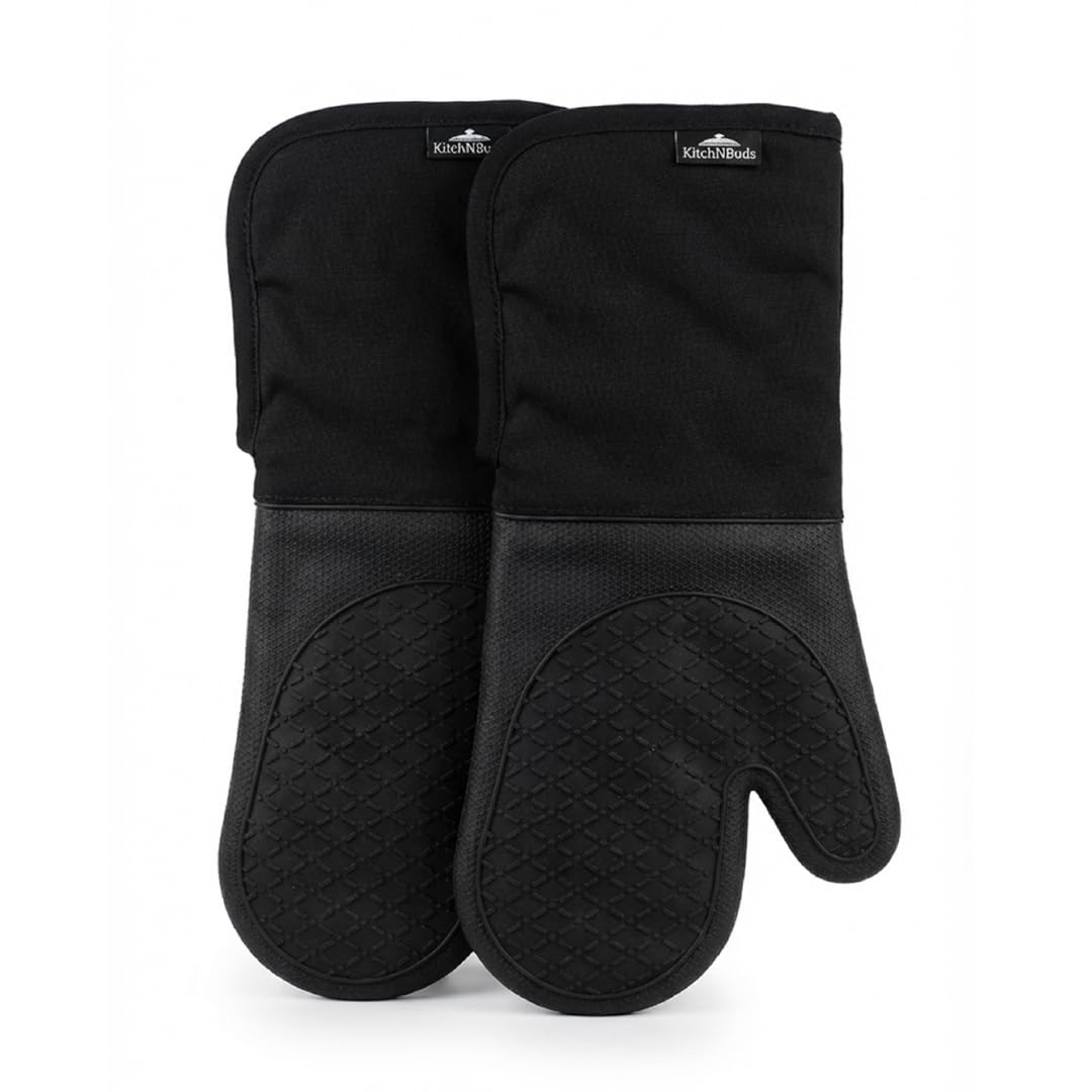 Kitch N Buds Oven Mitts, Extra-Long 15 in (38 cm), Black, Non-Slip Silicone Grip, Heat Resistant up to 500°F, Soft Cotton Lining - 2