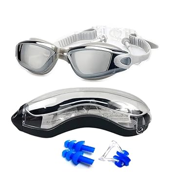 Mirrored Swimming Goggles Pro Clear Lens With Nose Ear Plugs Sg-90 Swimming Goggles Adjustable Strap, Comfortable Ear Plugs For Enjoyable Swimming Experience (Grey White)