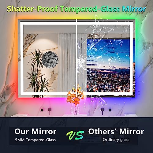 Image of 60x40 Inch RGB LED Bathroom Mirror Front Light and RGB Backlit Lighted Vanity Mirror for Bathroom Wall Mounted Dimmable Anti Fog Memory Shatter-Proof IP54 Waterproof Horizontal /Vertical