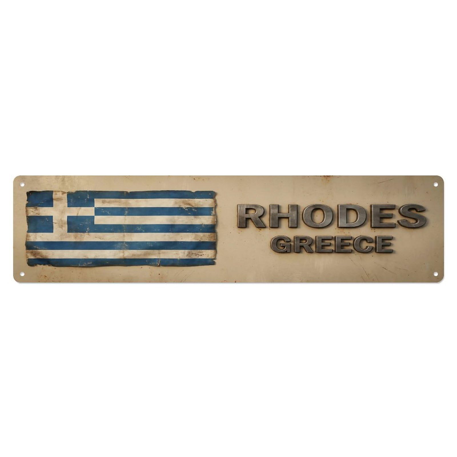 Vintage Rhodes Greece Flag Decor Rustic Travel Metal Tin Sign