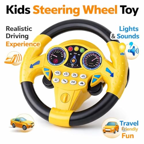 Image of Kids Steering Wheel Toy with Dashboard Design, Rotating Steering Wheel with Light Indicators and Sound Buttons, Plastic Driving Simulation Toy for Car Seat and Indoor Play
