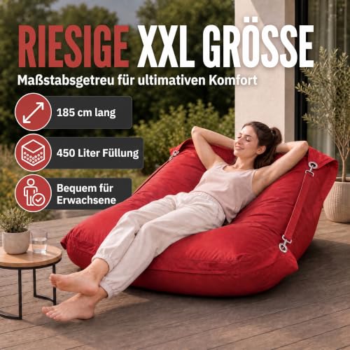 SMOOTHY® Sitzsack XXL 450L Riesensitzsack Outdoor & Indoor Zinnober-Rot | Waschbarer Bezug, feste...