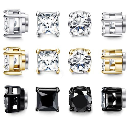 FIBO STEEL 6 Pairs Magnetic Stud Earrings for Men Women Stainless Steel CZ Unisex Magnet Earrings Set Hypoallergenic Non-Piercing Clip On Earrings Fake Earrings Jewelry Silver Gold Black 5-8MM