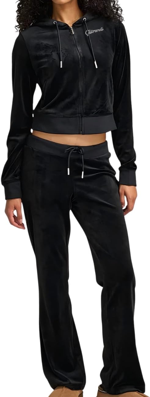 Glitrandi Womens 2 Piece Outfits Velour Rhinestone Cropped Hoodies Jacket And Sweatpants Tracksuit For Women