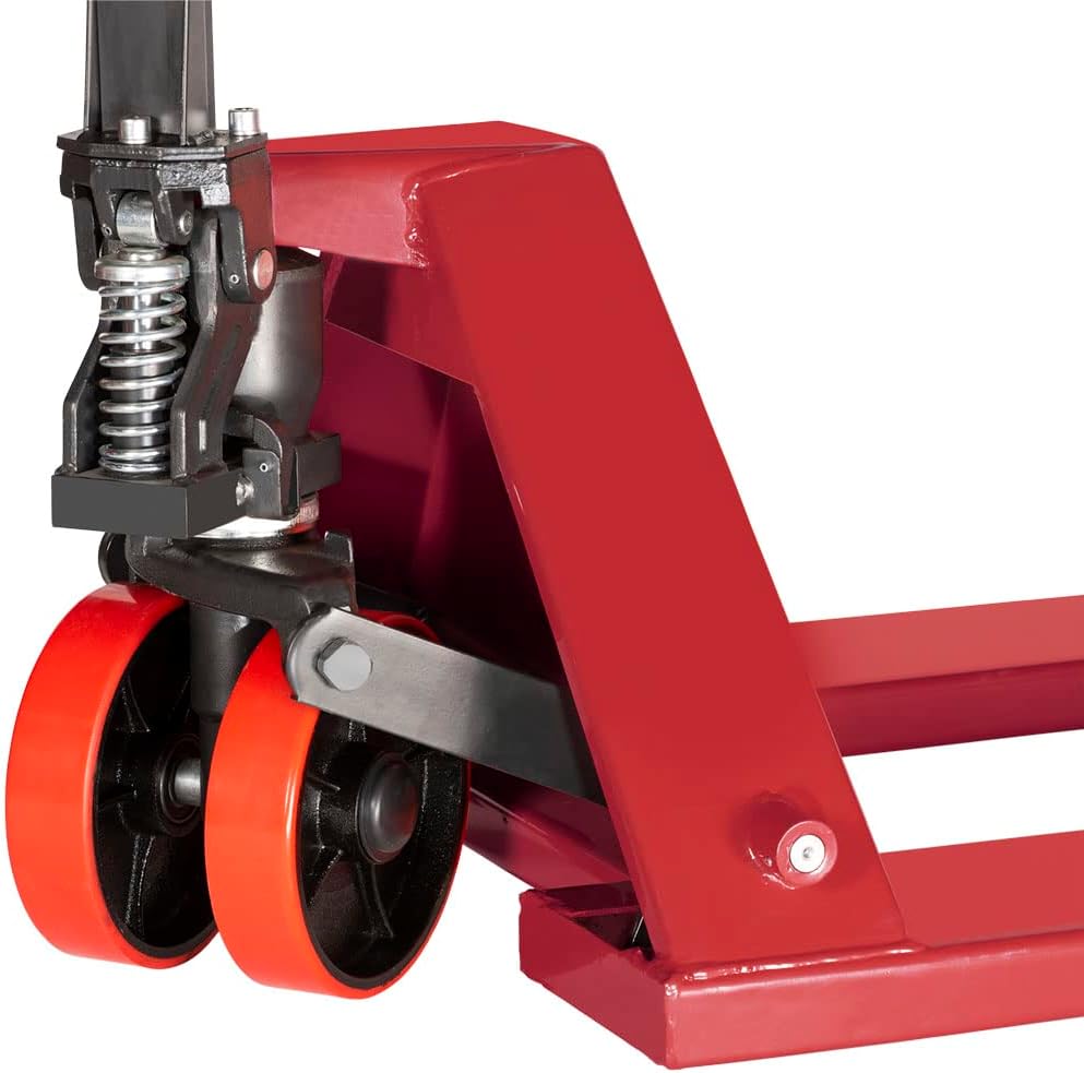 Close-up of pallet jack wheels