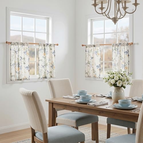 Image of MYSKY HOME Floral Kitchen Curtains 24 Inches Linen Tier Curtains 2 Panels | Farmhouse Blue Flower Patterned Small Window Treatments Airy Light Filtering Rod Pocket for Living Room Bathroom, Each 26 inch W