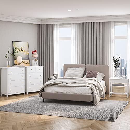 HOCSOK White Chest of Drawers, 4 Drawer Cabinet with Metal Handles and Runners, Wooden Bedroom Storage Unit, 74x40x94 cm