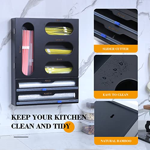 Bamboo Ziplock Bag Organizer,6 In 1 Plastic Wrap Dispenser With Cutter, Aluminum Foil Dispenser For Kitchen Drawer,Ziplock Bag Storage Organizer Suitable For Gallon,Quart,Sandwich,Snack（Black） #TOP3