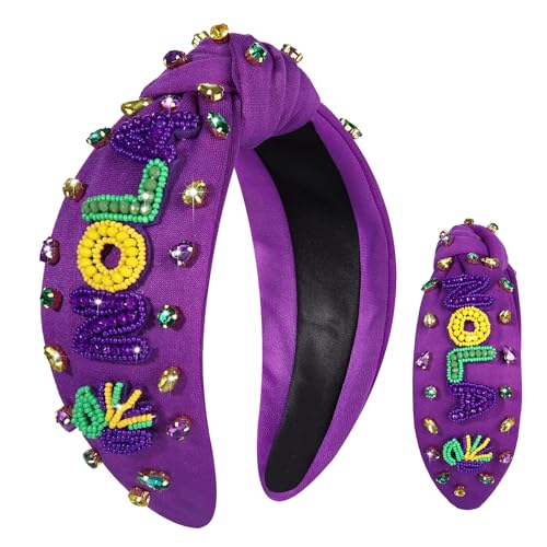 NVENF Mardi Gras Headbands for Women Crown Mask Headband Green Purple Yellow Rhinestone Jeweled Knotted Headband Mardi Gras Accessories Carnival Oufits Party Favors Gift (NOLA Purple)