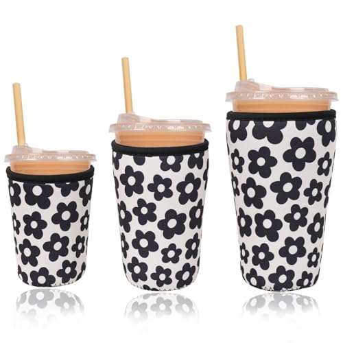 Image of Reusable Insulated Neoprene Iced Coffee Cup Sleeve, Durable Drink Sleeve for Cold Beverages, Beverage Holder for Iced Coffee (Black Flowers)