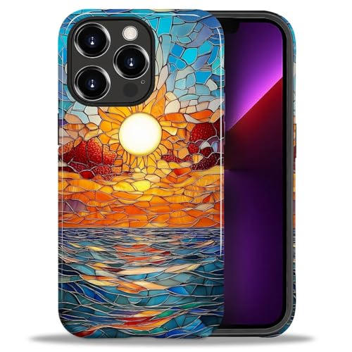 ZHEGAILIAN Case for iPhone 13 Pro Max,Shockproof Hard Shell + Soft Silicone 2 in 1 Hybrid,Shockproof Bumper Drop Protective - Stained Glass Sunset Beachy