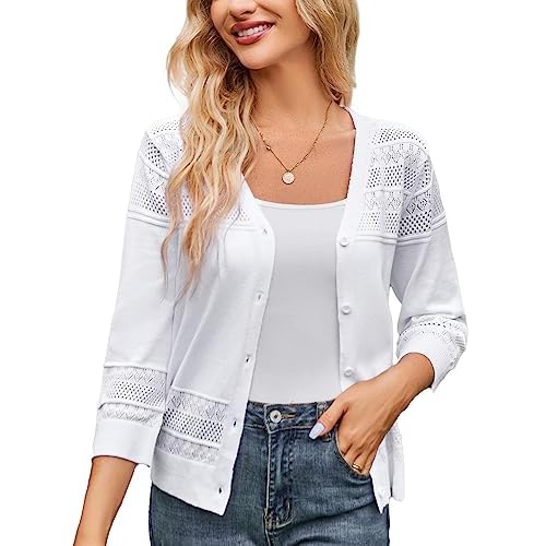 GRACE KARIN Women’s 2025 Cropped Cardigan 3/4 Sleeve Lightweight Crochet Shrug Hollowed-Out Knit Sweater Tops
