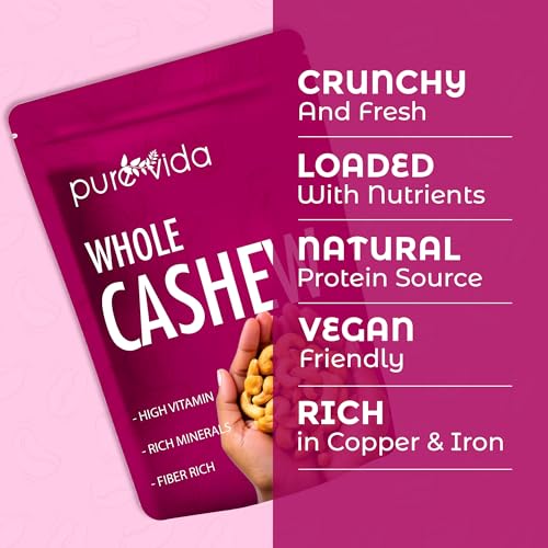 Image of Purevida Cashews 450gm | Rich in Protein, Healthy Fats & Antioxidants | Supports Heart Health & Energy Boost | Crunchy & Delicious | Gluten-Free | Ideal for Snacking, Cooking & Baking (Pack of 2)