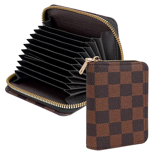 Philo Fun Organiseur de cartes de crédit compact pour femme, portefeuille à carreaux marron avec fermeture éclair, 9 emplacements pour cartes et 2 emplacements pour espèces, Motif carreaux Marron