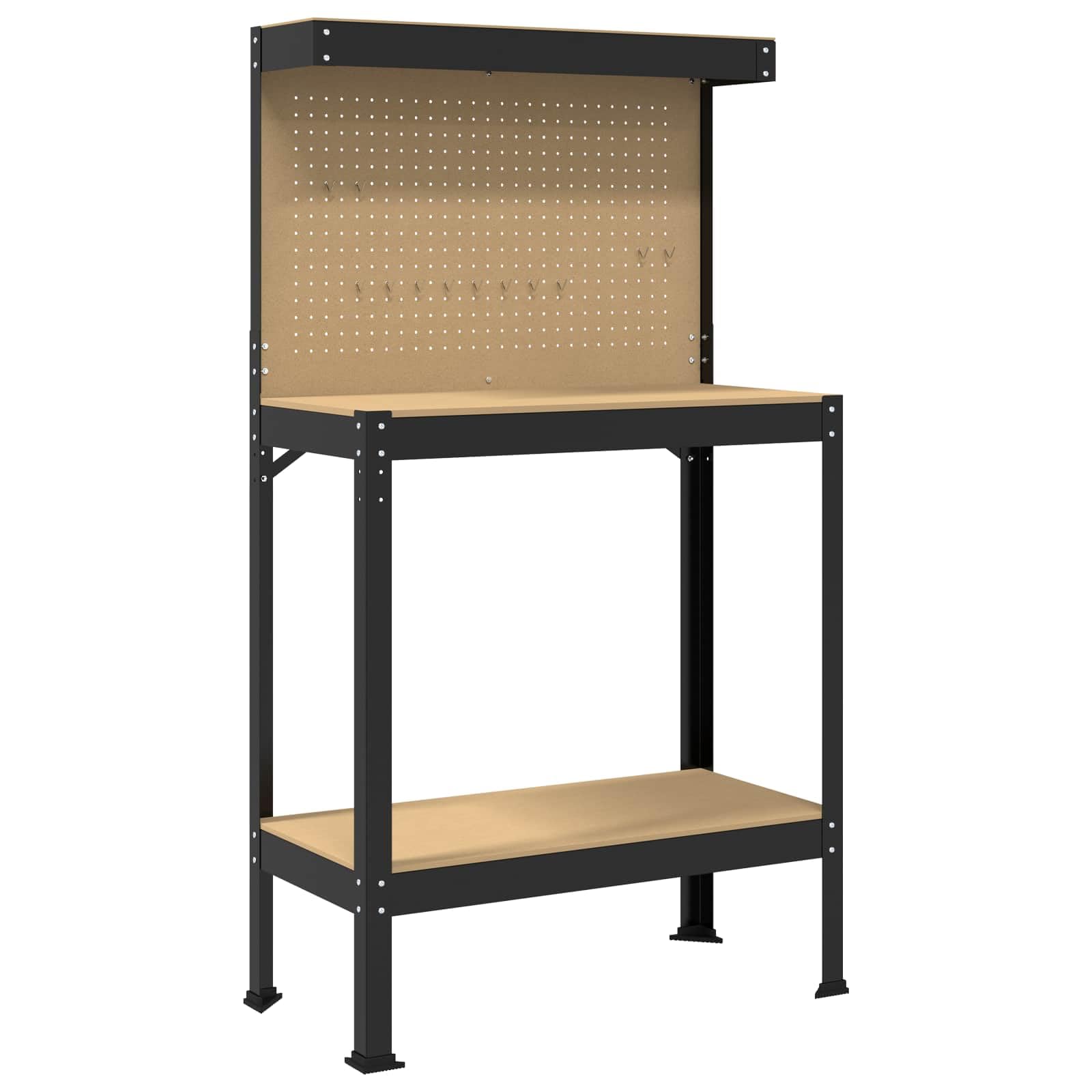 Banco de trabajo estable de madera y metal para taller y garaje con almacenamiento, pared perforada y cajón en color negro, 81 x 41 x 145 cm