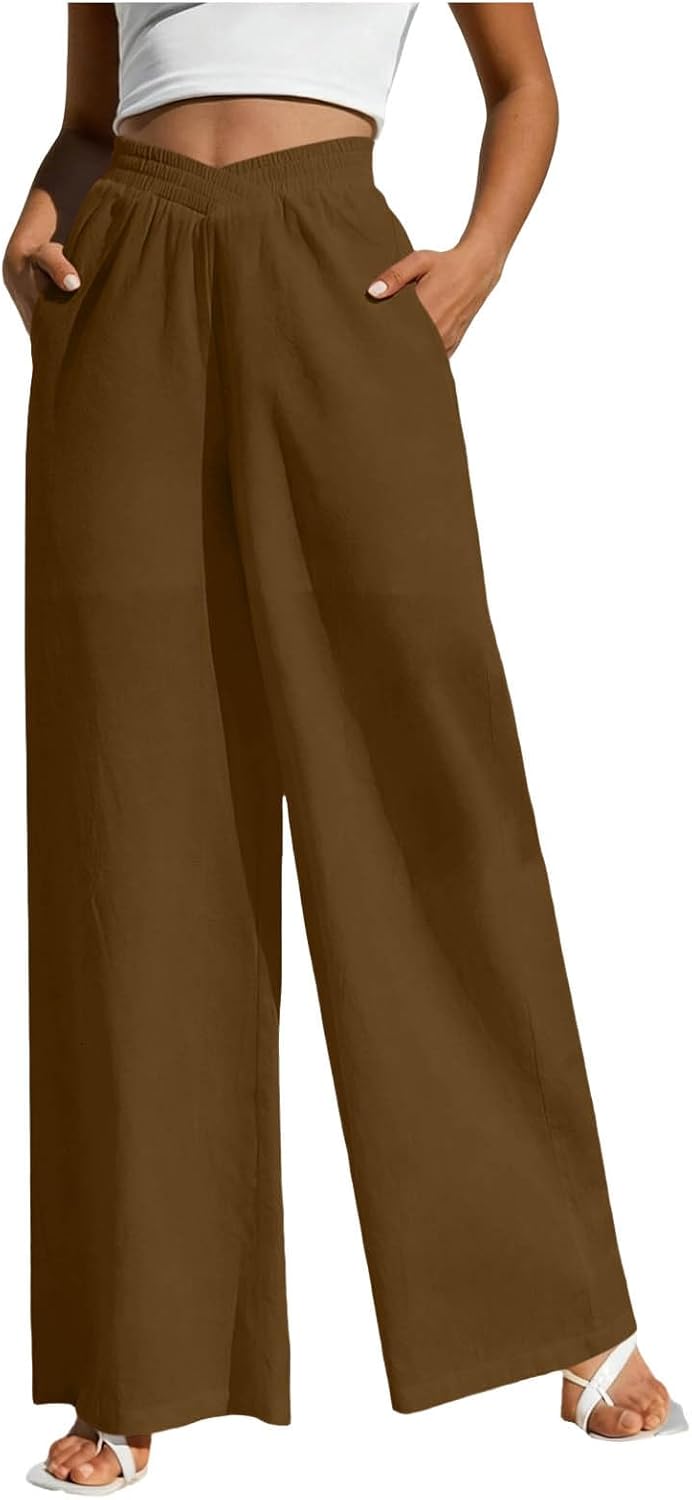 Linen Pants for Women Cotton Baggy Boho Casual Palazzo Pants Loose Fit Wide Leg Lounge Trousers with Pockets