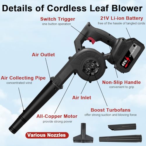 منفاخ أوراق الشجر اللاسلكي 17000 دورة في الدقيقة، منفاخ أوراق الشجر الكهربائي اللاسلكي مع شاحن وبطاريتين محمول باليد 2 في 1، منفاخ أوراق الشجر والمكنسة الكهربائية التي تعمل بالبطارية