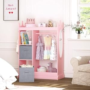 UTEX Kids Armoire Wardrobe Closet with Mirror and Storage Bin, Pink, 33.4 in W x 15.75 in D x 44.5 in H UTEX Kids Armoire Wardrobe Closet with Mirror and Storage Bin Pink 334 in W x 1575 in D x 445 in H