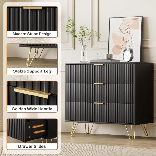 Image of Furniway Black Dresser for Bedroom, 3 Drawer Dresser with Gold Pulls, Fluted Modern Chest of Drawers Storage Cabinet, 31.5 inch W x 15.7 inch D x 29.5 inch H