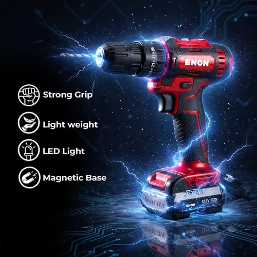 Image of Enon Cordless Impact Drill for Home Use, 12.6V, 1500RPM, 22NM Torque, Keyless Chuck 10mm, 25 Level Torque, 2 Speed Modes, 3 Functions, Single Battery 1.5Ah, 82 Pcs Drill Kit (XE-CD1610-SB)