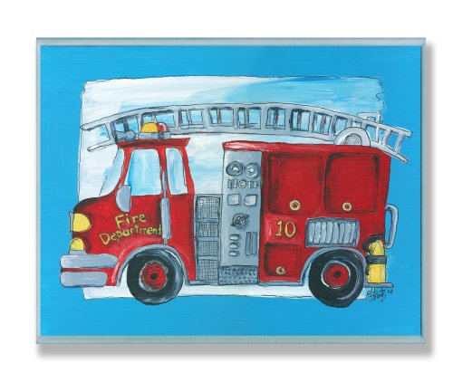 The Kids Room by Stupell Fire Truck with Blue Border Rectangle Wall Plaque