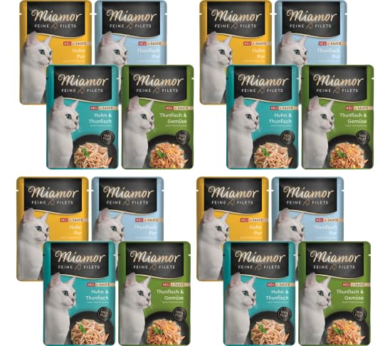 Miamor Feine Filets in Sauce 16 x 100g Mixpaket | Getreidefrei Fettarm Ohne Zucker & Nebenerzeugnisse Hochwertige Filetstückchen | im Frischebeutel | Nassfutter für Katzen