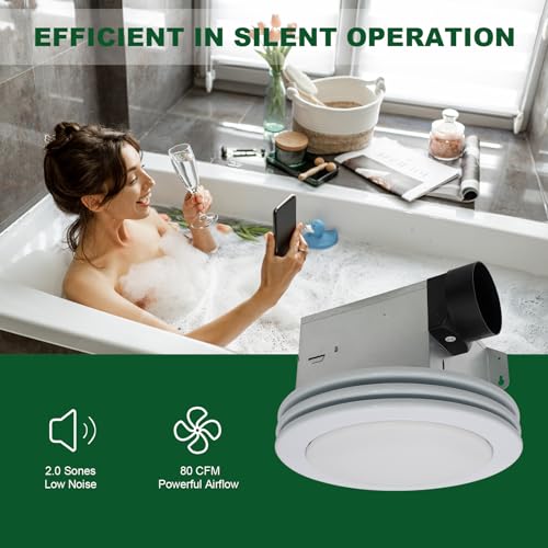 Image of Akicon Bathroom Exhaust Fan with Light, 80CFM 2.0 Sones Round Bathroom Fan Light Combo, Dimmable 3CCT LED with Acrylic Cover for Medium Room (Satin White)