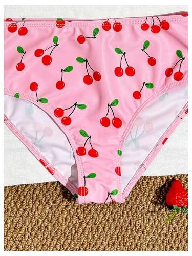 Image of RoseSeek Girl's 2 Piece Cherry Print Swimwear Ruffle Trim Ruched Bathing Suits Cute Swimsuits