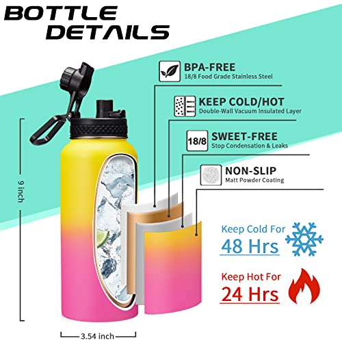 32/40/64Oz Insulated Water Bottle With Paracord Handle, Sleeve Carry Strap, Straw Spout Lid, Wide Mouth Metal Canteen Sports Thermo Mug, Leak & Sweat Proof Coldest Flask Jug For Camping Traveling #TOP1