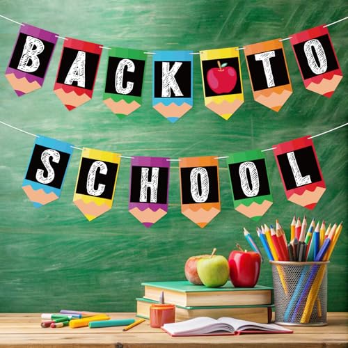 Image of Back to School Banner Welcome Back to School Banner Apples Pencil Garland Photo Backdrop Decor First Day of School Sign for Student Teacher Classroom Kindergarten Preschool Party Decorations