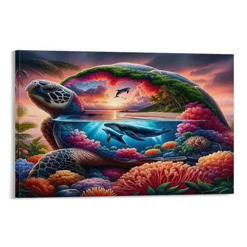 Tableau dauphin tortue de mer et paysage océan 40x60cm pour décoration murale