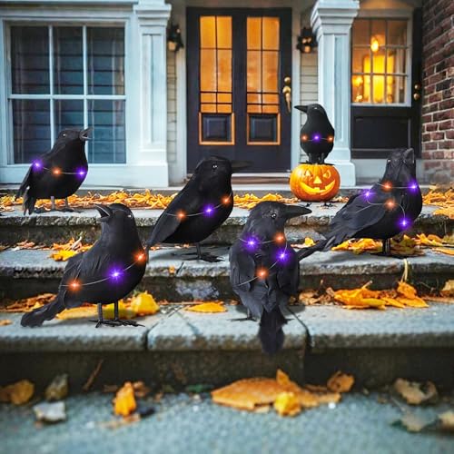 6 Packs Halloween Crows Decorations, Realistic Black Feathered Lighted...