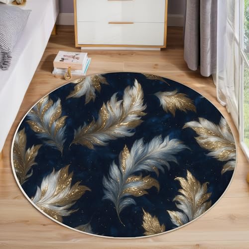 Tapis rond lavable en machine plumes dorées 200cm platine pour salon - 5