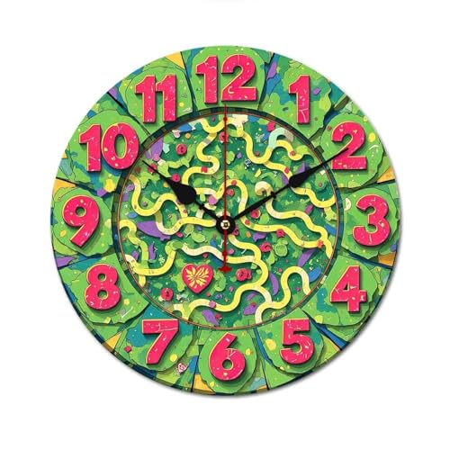 緑の迷路時計 カラフルな数字 掛け時計 北欧 壁掛 木製 10in/12in 軽量 部屋飾り 人気 ギフト静音 非電波 読みやすい リビングルーム 寝室 オフィス 25*25cm