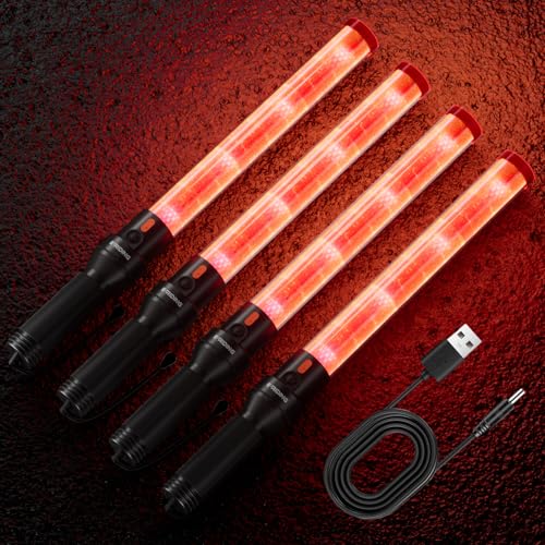 E-riding 4 Pack 16 Inch Rechargeable Red Traffic Wand with 2 Flashing Modes