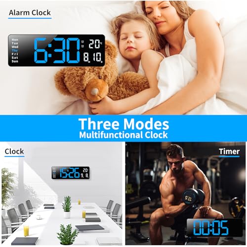 Horloge murale numérique LED bleu clair avec pendules murales télécommande - 5