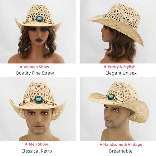 Image of Straw Cowboy Hat, Western Cowgirl Hat, Wide Brim Sun Beach Hat for Men and Women