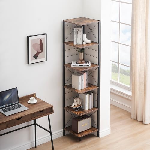 6-Tier Corner Shelf, Industrial Corner Bookshelf with Metal Frame, 71" Tall Corner Shelf Stand Display Rack, Corner Bookcase for Samll Space, Home Office, Living Room, Rustic Brown