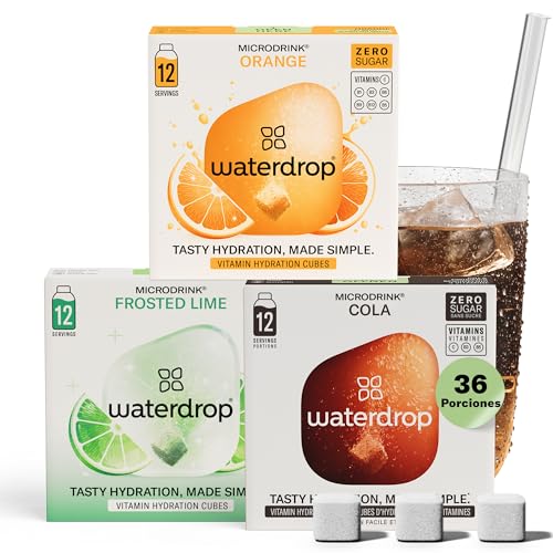 waterdrop® Mix Sabores de Frutas, 36 Pastillas Saborizantes Para Agua, Bebidas Sin Azúcar, Sabores Agua: NARANJA, COLA, LIMA, Refresco Instantaneo, Sobres
