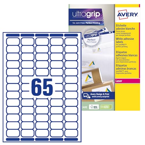 Avery Printable, Customisable Mini Organising Return Address Labels, Laser Printers, 65 Labels Per A4 Sheet, 6500 Labels, UltraGrip (L7651), White