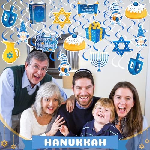 Image of 72 Pcs Hanukkah Hanging Decorations - Gold Blue Swirl - Chanukah Party Decor - Menorah Star of David Dreidel - Happy Hanukkah Party Decorations - Home