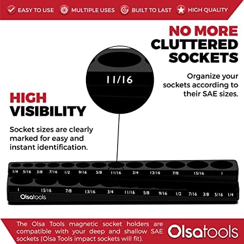 Olsa Tools Magnetic Socket Organizer - 3/8-Inch Drive - SAE - Black - Holds 26 Sockets - Professional-Grade Tool Organizer - Mechanics Workshop - Part: 1543 - 1