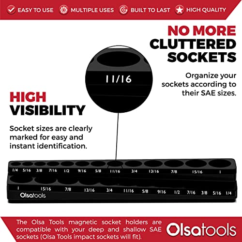 Image of Olsa Tools Magnetic Socket Organizer - 3 /8-Inch Drive SAE Socket Holder with Strong Magnets - Professional Tool Holder and Organizer - Stores up to 26 Sockets - Black - Part: 1543