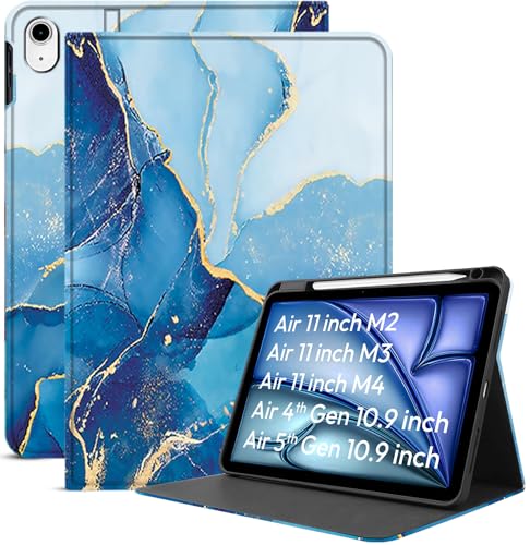 Image of Robustrion Case Cover for iPad Air 11 inch M4 / M3 / M2 (2024 /2025) / iPad Air 5th Generation Cover / 4th Gen 10.9 inch with [Pencil Holder Right Side] [Auto Sleep Wake] Folio Cover Case - Marble Blue