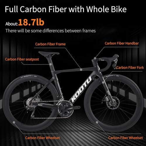 KOOTU Full Carbon Road Bike, T800 Carbon Fiber Frame Lightweight Racing Bicycle with 105 R7000 22 Speed Groupset and Wire-Pull Disc Brake for Adult