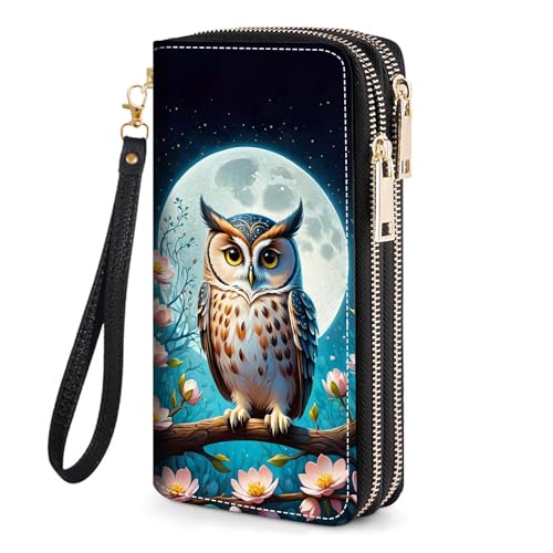Owl Under The Moon Print Women's Large Capacity Wallet PU Leather Double Zipper Clutch Purse for Cash/Card/Coin/Smart Phone