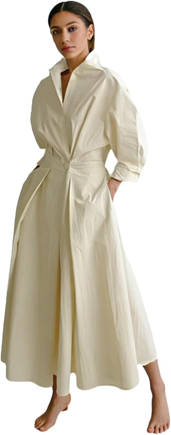 Shirt Wrap Dress, Women's Plain Lapel Shirt Wrap Dress, Womens Cotton Button T Shirts Dresses