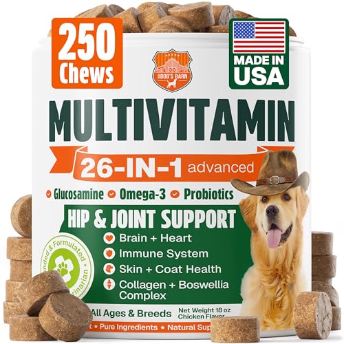 Dog Vitamins and Supplements 250 Chews - 26 in 1 Dog Multivitamin Soft Chews with Glucosamine, Chondroitin, Probiotics, Omega 3 - Hip & Joint, Skin & Coat, Immune Support - Chicken Flavor