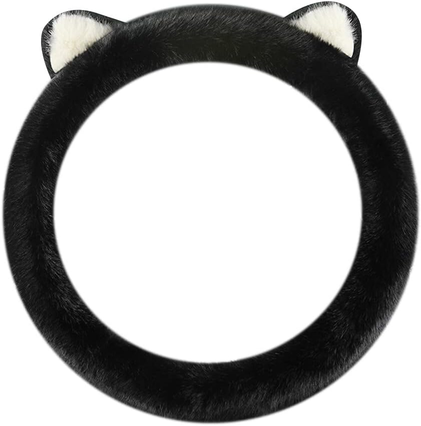 Car Steering Wheel Cover, Fluffy Soft Plush for Winter Warm, Cat Ears Warm Cover Non-Slip Car Steering Wheel Cover for Women and Men, 38cm/15 inch